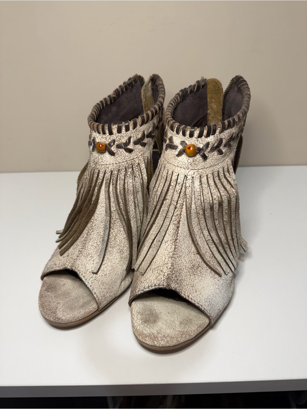 Roper Cream Fringe Peep-Toe Ankle Heels with Bead Accent